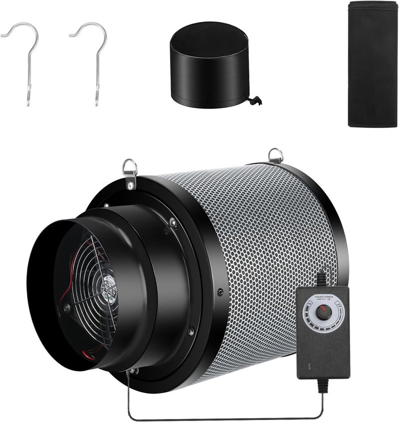 MELONFARM 6 inch Air Carbon Filter Smelliness Control with Australia Virgin Charcoal, Built-in 14cm Fan Low Nois and Speed Controller, Smelliness Scrubber for Inline Duct Fan, Grow Tent 6" x 13.4" - Image 1